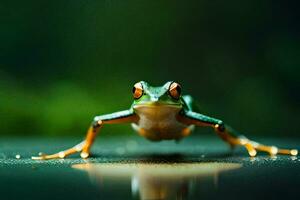 a frog is sitting on the ground with its legs spread. AI-Generated photo