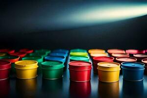 colorful plastic cups on a table. AI-Generated photo