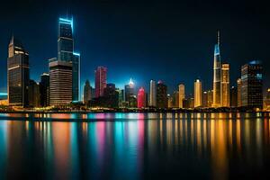 el ciudad horizonte a noche en Dubái, unido árabe emiratos generado por ai foto