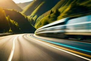 un tren de viaje abajo un montaña la carretera. generado por ai foto