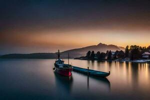 un barco se sienta en el agua a puesta de sol. generado por ai foto