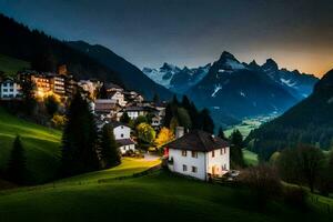 photo wallpaper the sky, mountains, trees, house, village, sunset, the alps,. AI-Generated