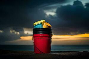 a red bucket with yellow and blue cups on top. AI-Generated photo