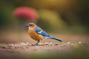 a blue and orange bird standing on the ground. AI-Generated photo