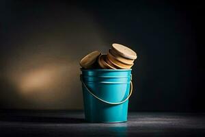 a bucket filled with wooden coins on a dark table. AI-Generated photo