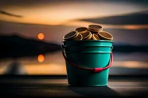 a bucket of coins sitting on a table with a sunset in the background. AI-Generated photo