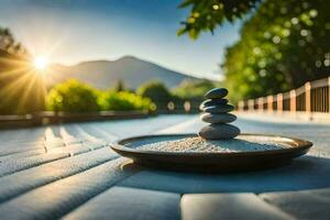 a zen garden with stones and a bowl. AI-Generated photo