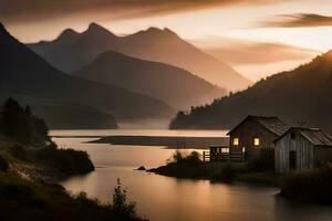 a cabin sits on the shore of a lake at sunset. AI-Generated photo