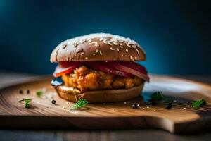 a burger with onions and tomatoes on a wooden cutting board. AI-Generated photo