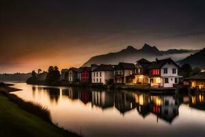 photo wallpaper the sky, water, mountains, house, lake, the city, the lake,. AI-Generated
