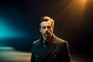 a man in a coat and tie standing in the dark. AI-Generated photo