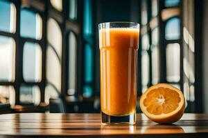 an orange juice with a slice of orange on a table. AI-Generated photo