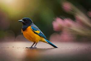 a bird with a yellow and blue head standing on the ground. AI-Generated photo