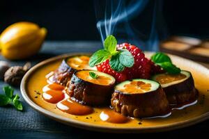 a plate with food on it and smoke coming out of it. AI-Generated photo