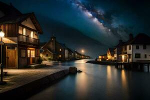 a night sky over a river and houses. AI-Generated photo