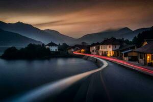 a long exposure photograph of a road and a lake at dusk. AI-Generated photo