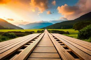 a wooden bridge leads to a field with mountains in the background. AI-Generated photo