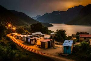 un pequeño pueblo en el montañas a noche. generado por ai foto