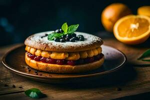 a pastry with cherries and mint on a plate. AI-Generated photo