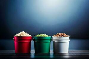 three buckets of popcorn on a table. AI-Generated photo