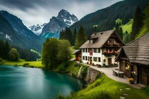 the house is surrounded by mountains and water. AI-Generated photo