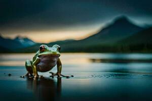 a frog sitting on the edge of a lake. AI-Generated photo