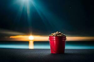 a bucket of peanuts on the beach at night. AI-Generated photo