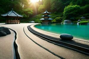 un japonés jardín con un pagoda y agua. generado por ai foto