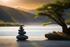 a zen garden with stones and a tree. AI-Generated photo