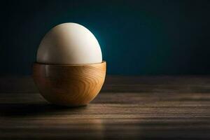 an egg in a wooden egg cup on a table. AI-Generated photo