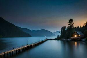 foto fondo de pantalla el cielo, montañas, lago, bosque, el agua, el muelle, el casa. generado por ai