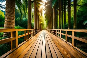 a wooden bridge in the middle of a tropical forest. AI-Generated photo