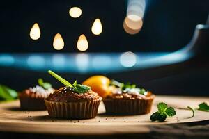 three cupcakes on a wooden board with candles in the background. AI-Generated photo