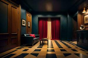 the room is decorated with black and red furniture. AI-Generated photo