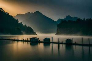 foto fondo de pantalla el cielo, montañas, niebla, lago, el agua, el agua, el agua. generado por ai