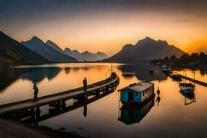 a boat pier in the middle of a lake with mountains in the background. AI-Generated photo