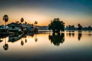 un lago con casas y palma arboles a puesta de sol. generado por ai foto