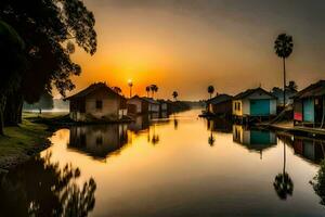 a river with houses and palm trees at sunset. AI-Generated photo