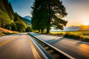 a road with trees and mountains in the background. AI-Generated photo