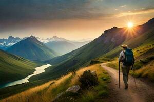 un hombre con un mochila camina a lo largo un camino en el montañas. generado por ai foto