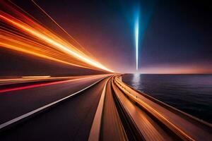 un largo exposición fotografía de un autopista a noche. generado por ai foto