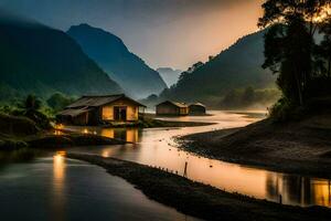 the sun rises over a river and some huts. AI-Generated photo