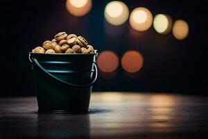 a bucket filled with nuts on a table. AI-Generated photo