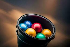a bucket filled with colored eggs. AI-Generated photo