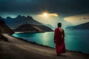 a man in a red robe stands on a road overlooking a lake. AI-Generated photo