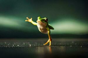 a frog jumping on a black background. AI-Generated photo
