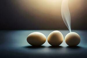 three eggs with smoke coming out of them. AI-Generated photo