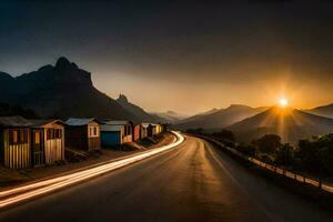 un la carretera con un coche conducción abajo eso a puesta de sol. generado por ai foto