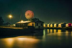 fuegos artificiales terminado el agua a noche. generado por ai foto