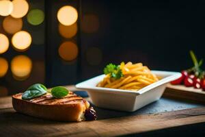 a plate with a grilled steak and pasta on a table. AI-Generated photo